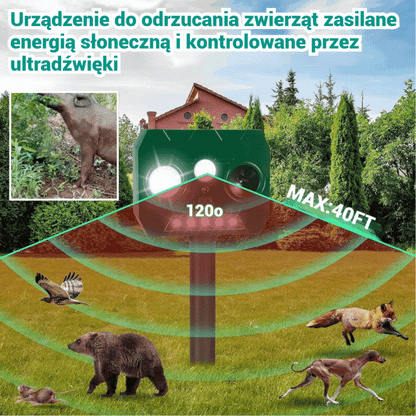 Odstraszacz zwierząt zasilany energią słoneczną, czujnik podczerwieni, odstraszacz ptaków o dużej mocy, odstraszacz ultradźwiękowy