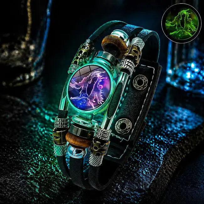 🌙 Világító Zodiákus Bőr Karkötő – 3 Rétegű Fonott, Állítható Hosszú, Uniszex 💫✨