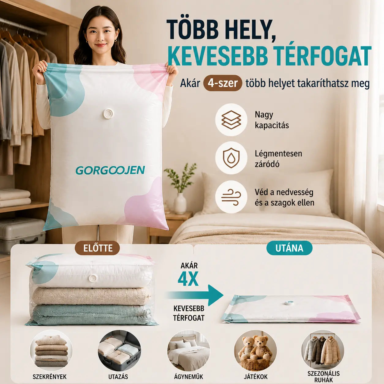 🧳 5 tétel ára 9000 Ft 💨 Nagy, összenyomható vákuumos tárolózacskó: nem igényel pumpát, szivárgásmentes és ideális helytakarékosságra bőröndökben és otthon ✈️