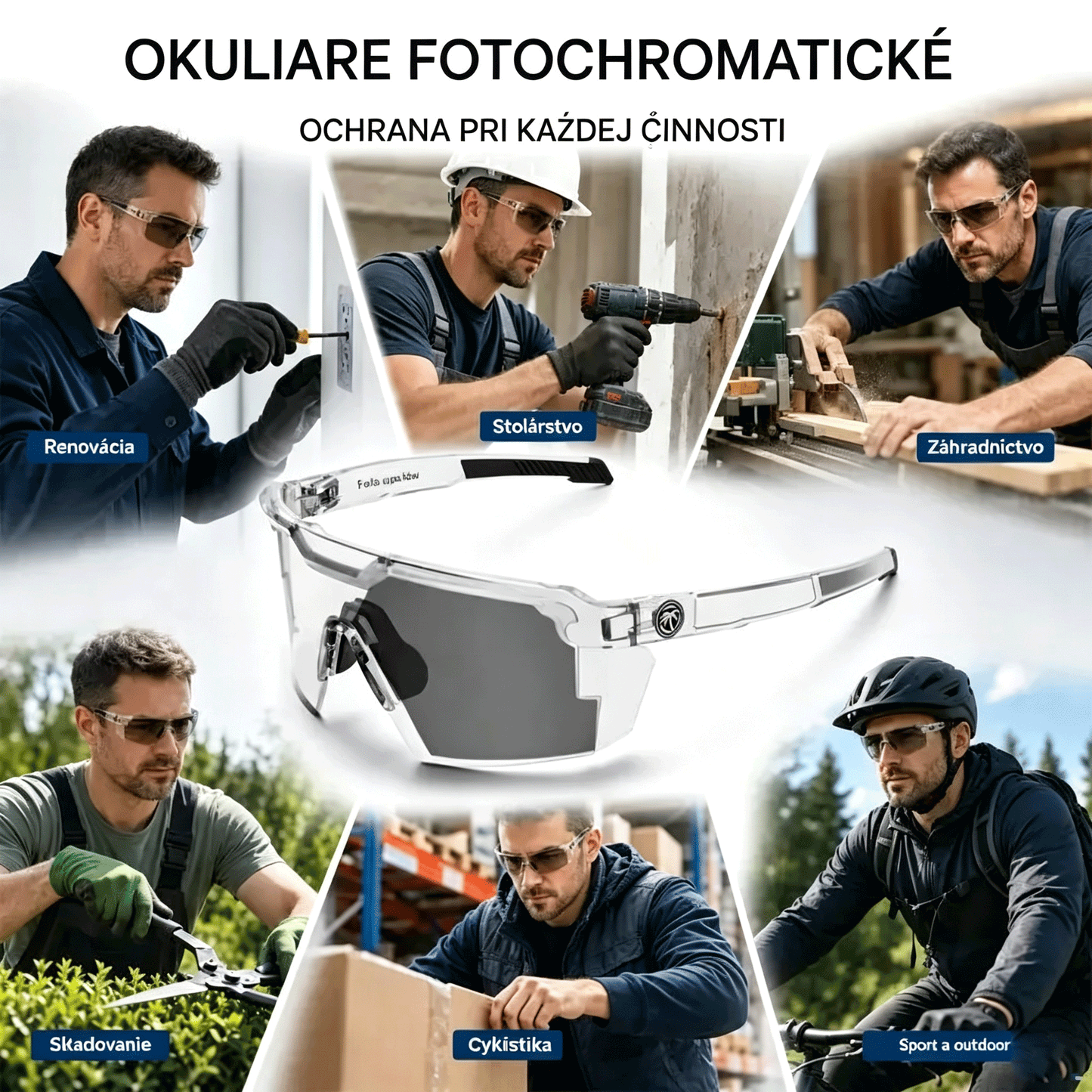 Viacúčelové ochranné okuliare pre prácu a šport – odolné voči prachu a vetru, s UV400 ochranou pre stolárske práce, domáce opravy, autoservis, záhradníctvo a jazdu na bicykli.