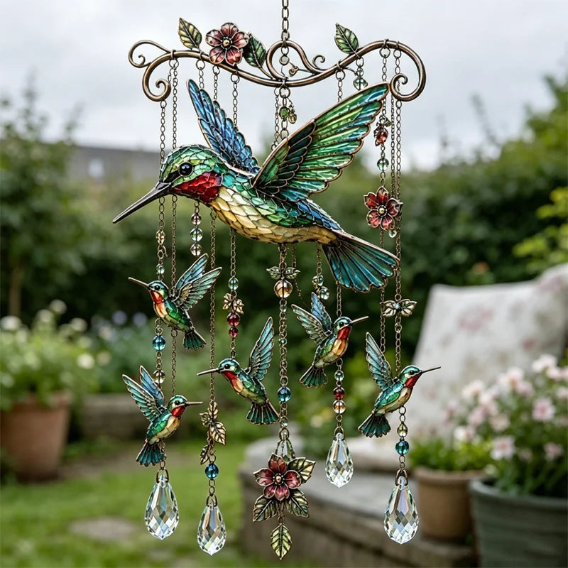 🐦 Krištáľové zvonkohry ozdobené kolibríkmi a maľovanými vzormi vo vintage štýle