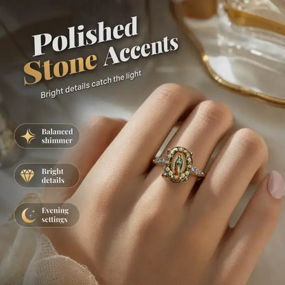 💍 【2 termék—8100 Ft】Aranyszínű, ovális kristályos Szűz Mária-gyűrű