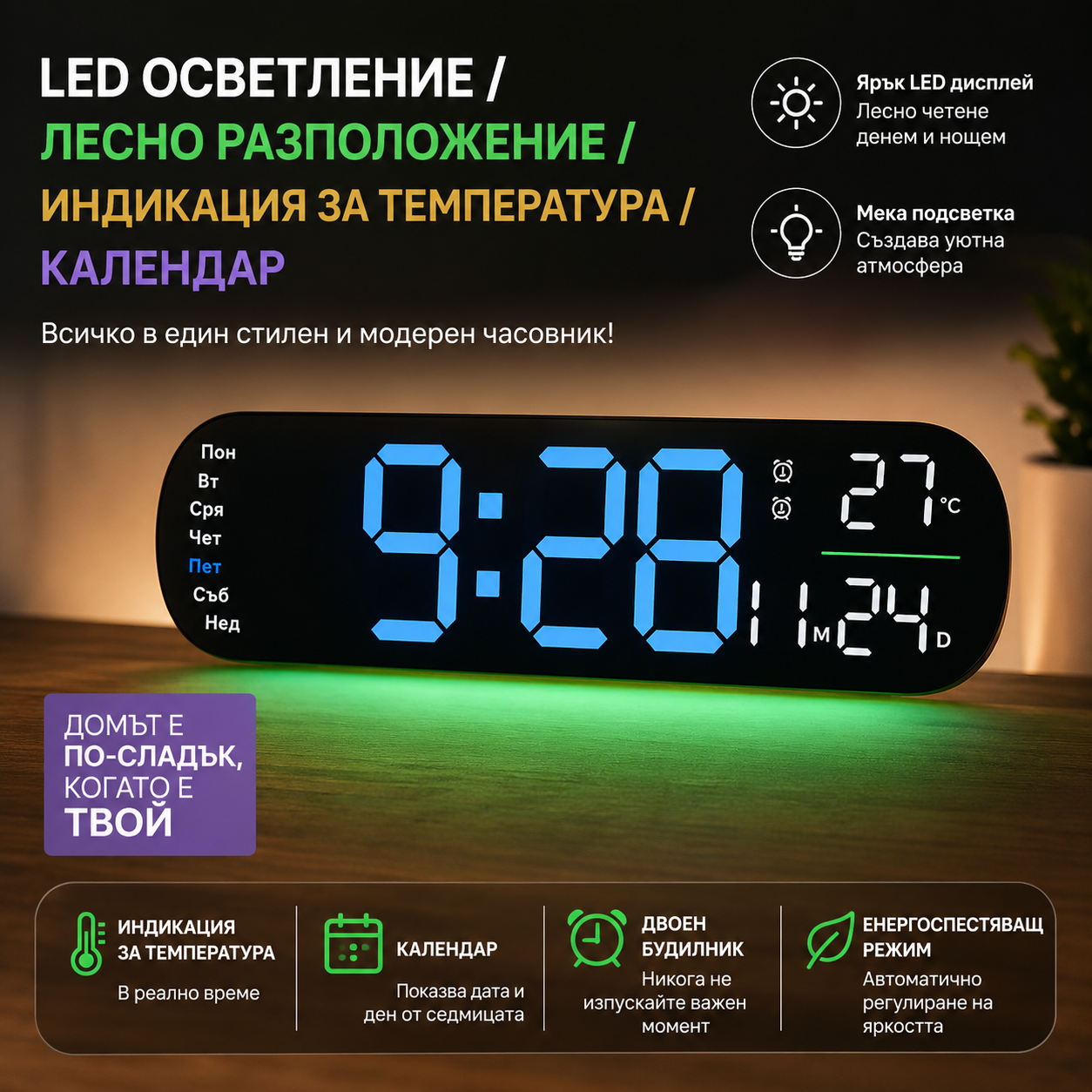 🔢 Модерен стенен часовник с огромни цифри | LED дисплей, видим дори от разстояние – идеален за офис и дом!