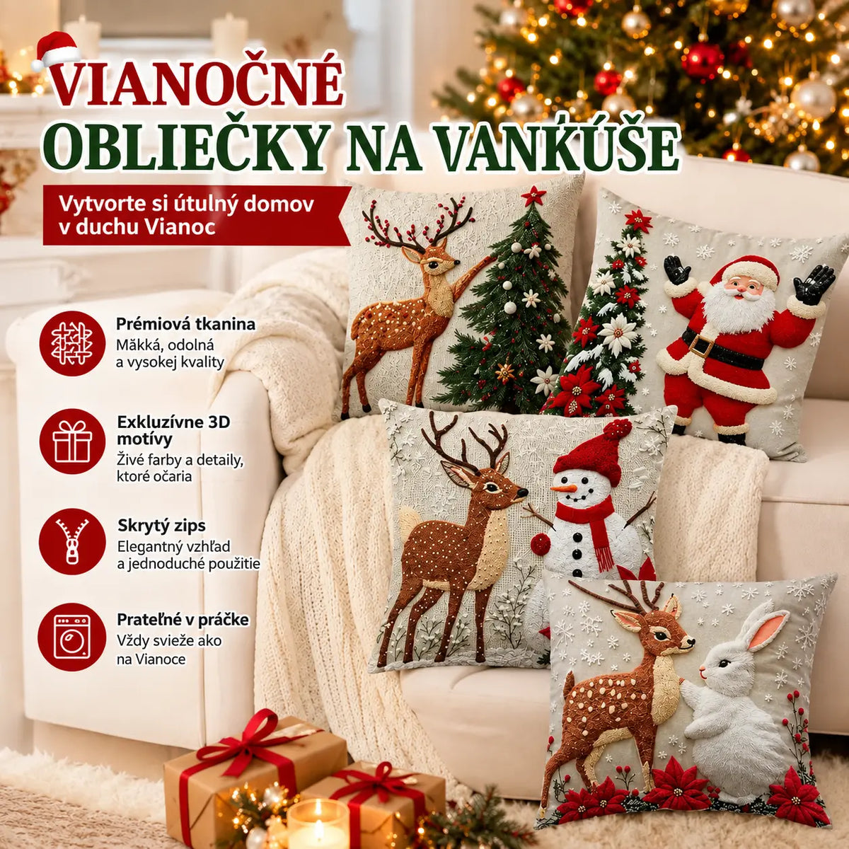 🔥【Súprava 4 kusov】🎅Vianočná ponuka – zľava 50%🎄Vankúše s vianočným motívom 4162835
