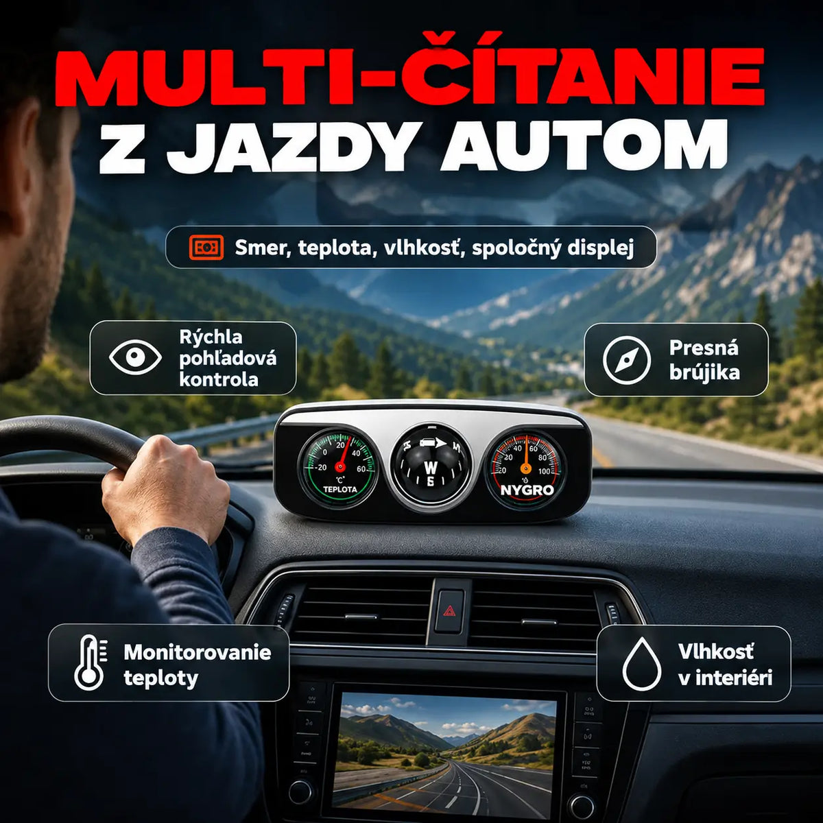 Multifunkčný 3-v-1 kompas do auta s teplomerom a vysokou presnosťou.