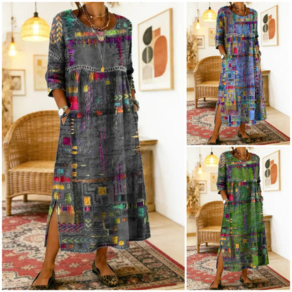 【S-5XL】Boemska maksi obleka z etničnim potiskom patchwork