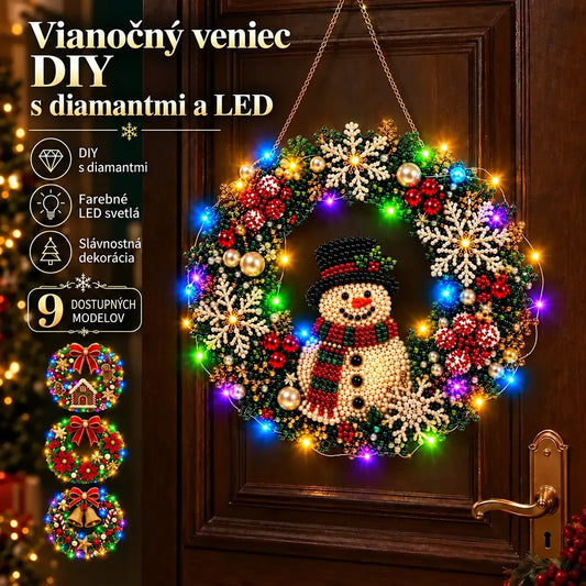 🎄💎 Vianočný veniec DIY s diamantmi, perlami a LED svetlami – 9 štýlov, akrylová doska, jednoduché tvorenie.