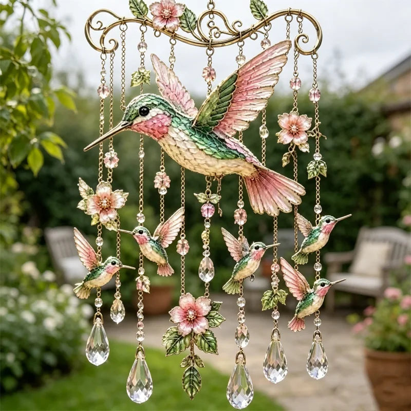 🐦 Kryształowe dzwonki ozdobione kolibrami i malowanymi wzorami w stylu vintage