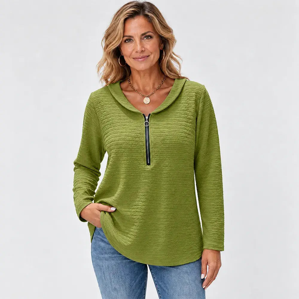 ✨【S–5XL / 5 szín】Egyszínű női felső stílusos rakással, Péter Pán gallérral, cipzáras záródással és klasszikus vállkivágással.