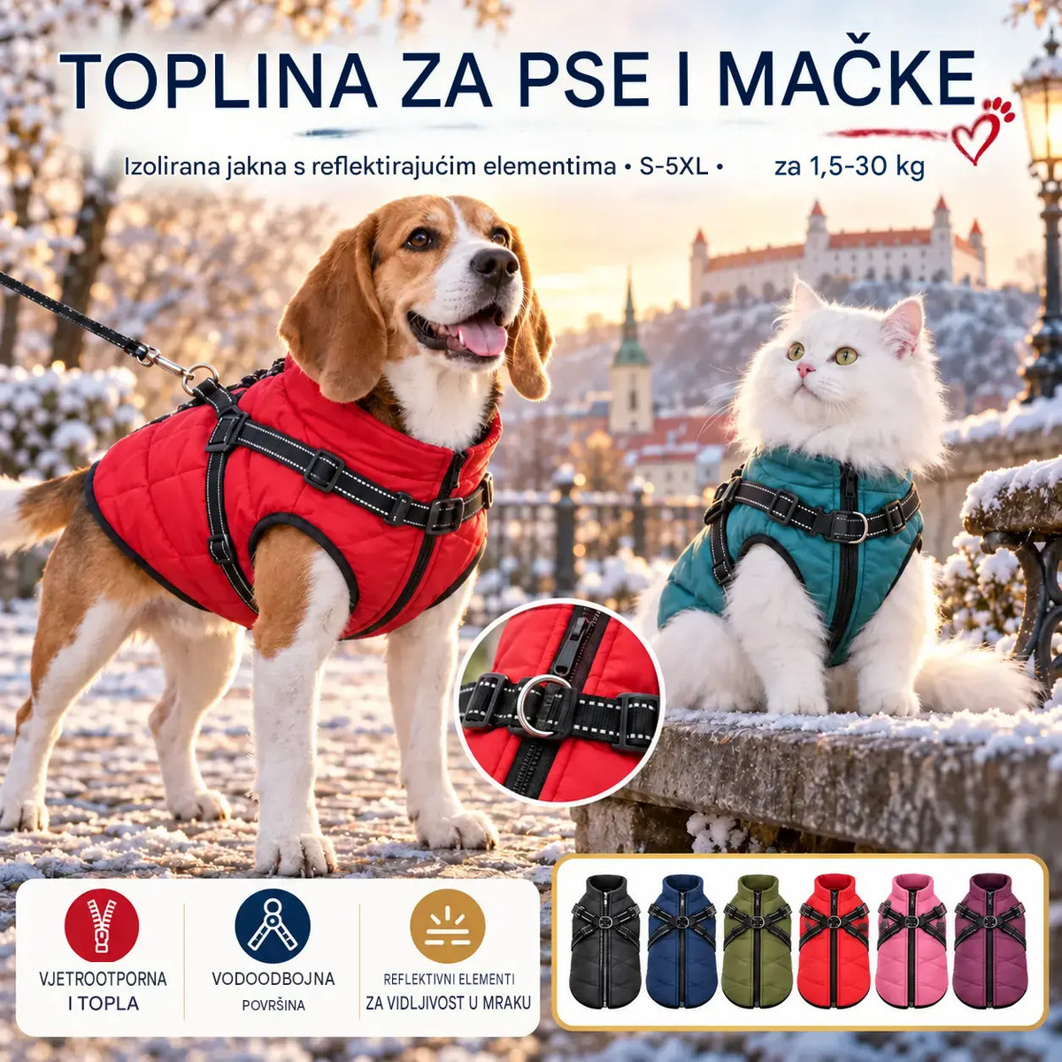 🐱🐶❄️ Topla i izolirana jakna posebno dizajnirana za mačke i pse - vodoodbojna, s reflektirajućim elementima i integriranim remenom za prsa; veličine se kreću od S do 5XL.