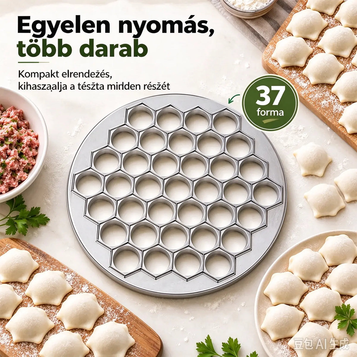 🥟 Készíts pillanatok alatt gombócokat! 37 lyukú gombócformázó és -vágó! Egyetlen mozdulattal 37 egyforma gombócot formázhatsz – hatékony, gyors és könnyen tisztítható!
