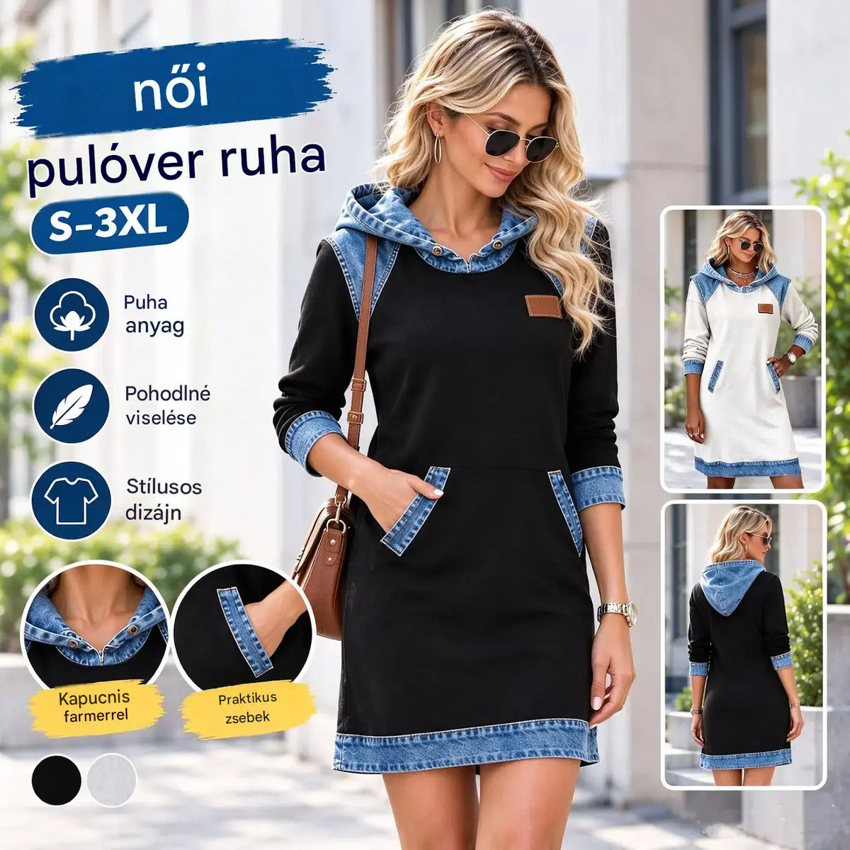 🔥50% kedvezmény🌷🌞 Új téli kollekció: Divatos, patchwork stílusú farmer kapucnis ruha