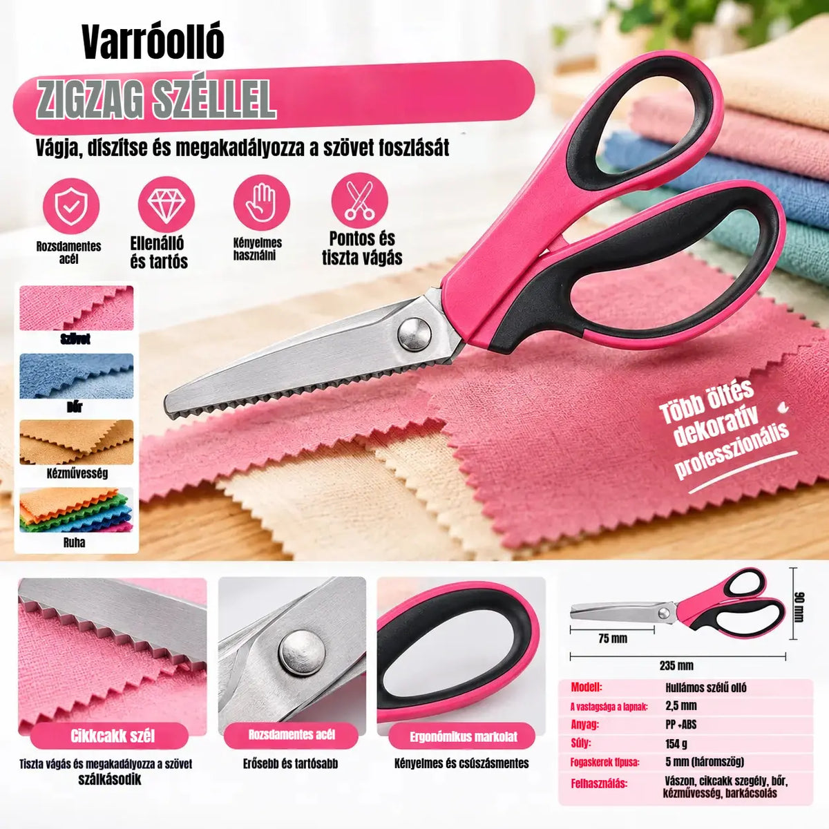 ✂️ Többfunkciós cikkcakkos szabóolló – Szövethez, papírhoz és kézműves munkákhoz 🧵