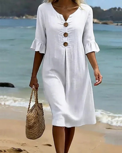 50% zniżki 👗✨ 【S-3XL】Damska sukienka z bawełny i lnu, bufiaste rękawy, zapięcie na guziki