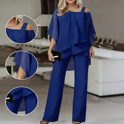 ✅【Felső + Nadrág】⏳ Korlátozott ideig tartó ajánlat ⏰【50-120 KG】👚👖 Női kétrészes szett: bőrbarát anyag, ejtett vállú fazon