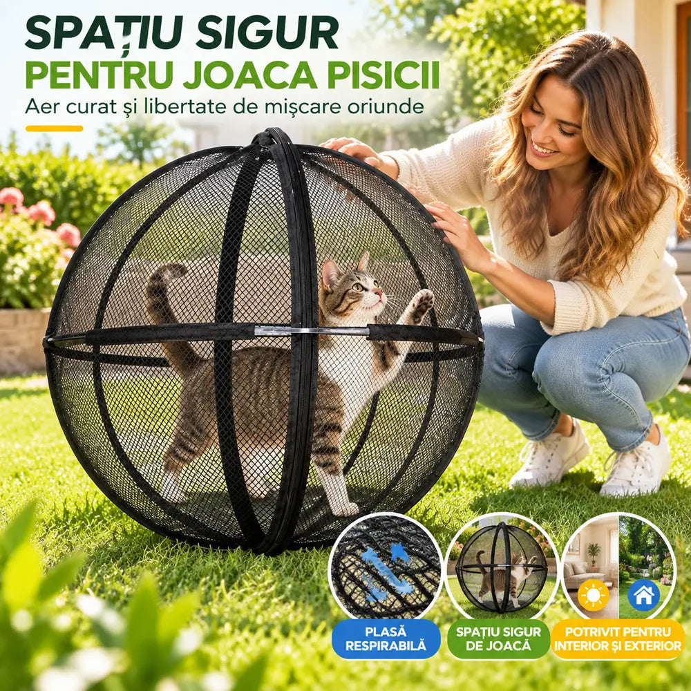🐱 Összecsukható, gömb alakú sátor légáteresztő hálóval macskáknak · 360°-os védelem · Biztonságos beltéri és kültéri játszótér!