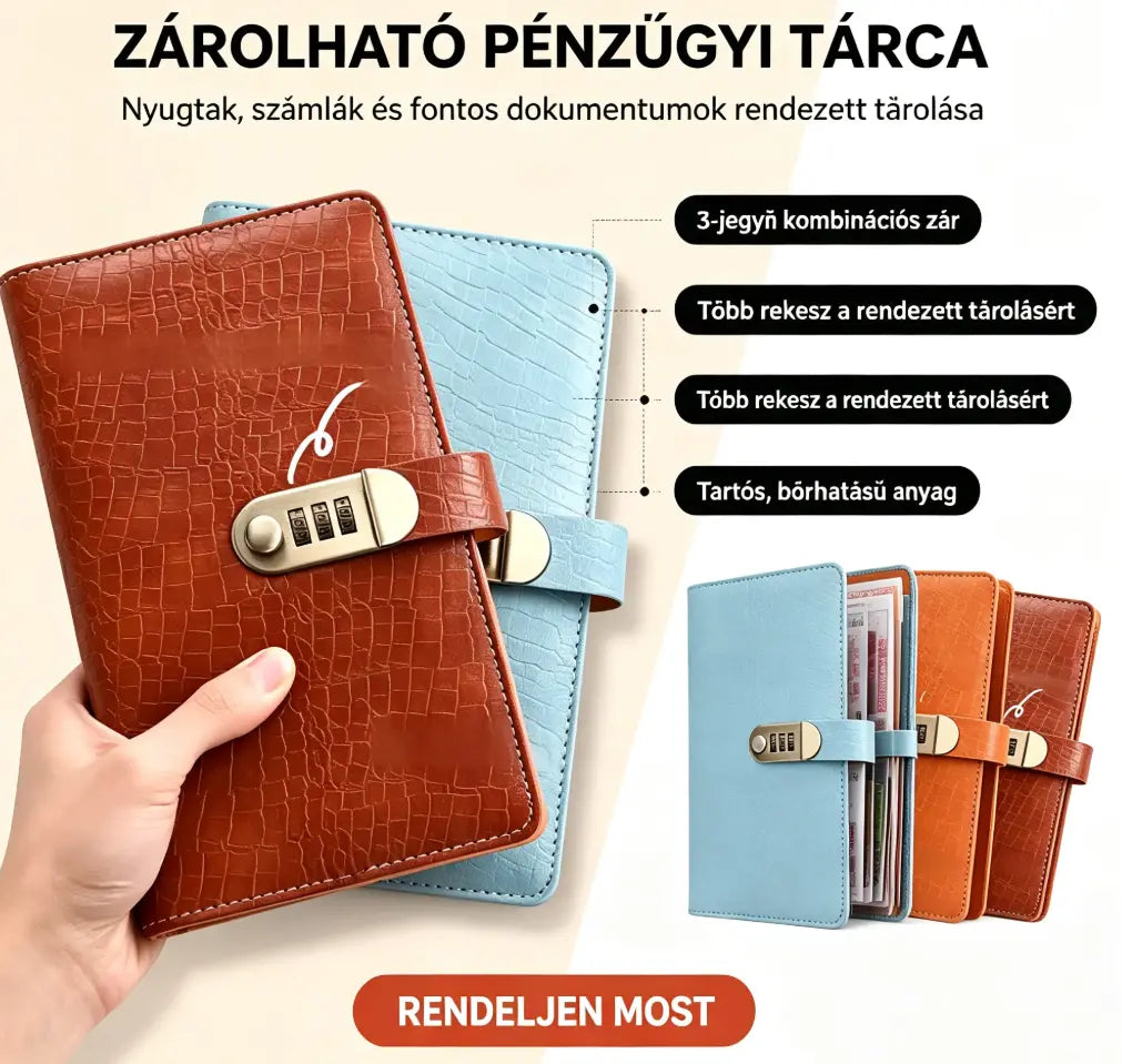 📓💰🔐Jelszóval védett jegyzetfüzet csekkek, készpénz, bankkártyák és különféle nyugták tárolására.