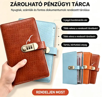 📓💰🔐Jelszóval védett jegyzetfüzet csekkek, készpénz, bankkártyák és különféle nyugták tárolására.