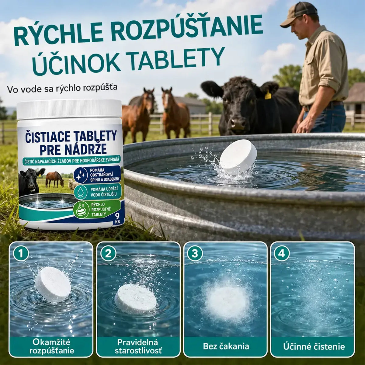 🐄 Rýchlo rozpustné čistiace tablety pre napájadlá hospodárskych zvierat – 1 fľaša, 9 tabliet, jednoduchá údržba bez drhnutia.