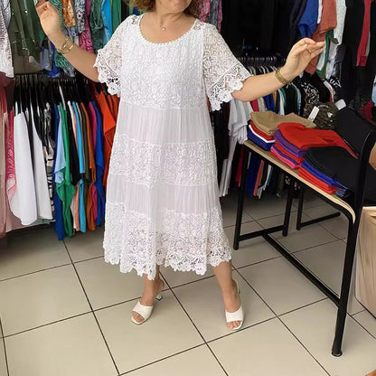 🔥【50% KEDVEZMÉNY】✨✨✨【S-5XL】2026Új ruha rövid ujjúval, kerek nyakkivágással és csipkével.