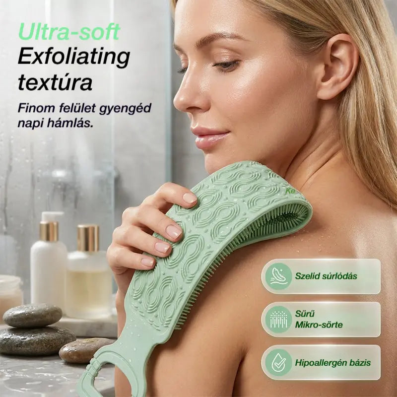 🛁 Kényelmes szilikon hátsó kefe – könnyedén átradírozhatod a tested hajlás nélkül