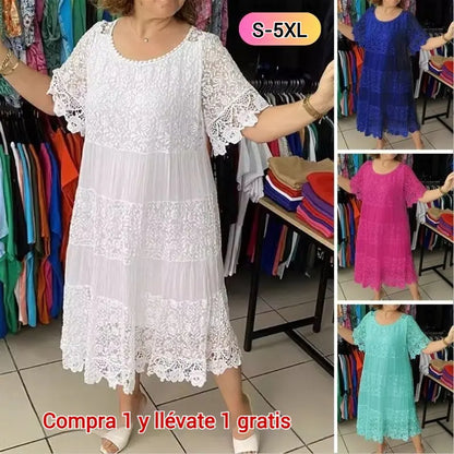 🔥【50% KEDVEZMÉNY】✨✨✨【S-5XL】2026Új ruha rövid ujjúval, kerek nyakkivágással és csipkével.
