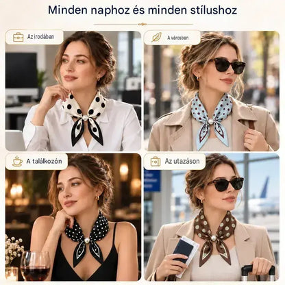 4 darabos keskeny selyemsál szett – tavaszi-nyári elegancia és finomság! Finom anyag, sokoldalú – viselhető a nyakon, hajpántként vagy táskadíszként is!