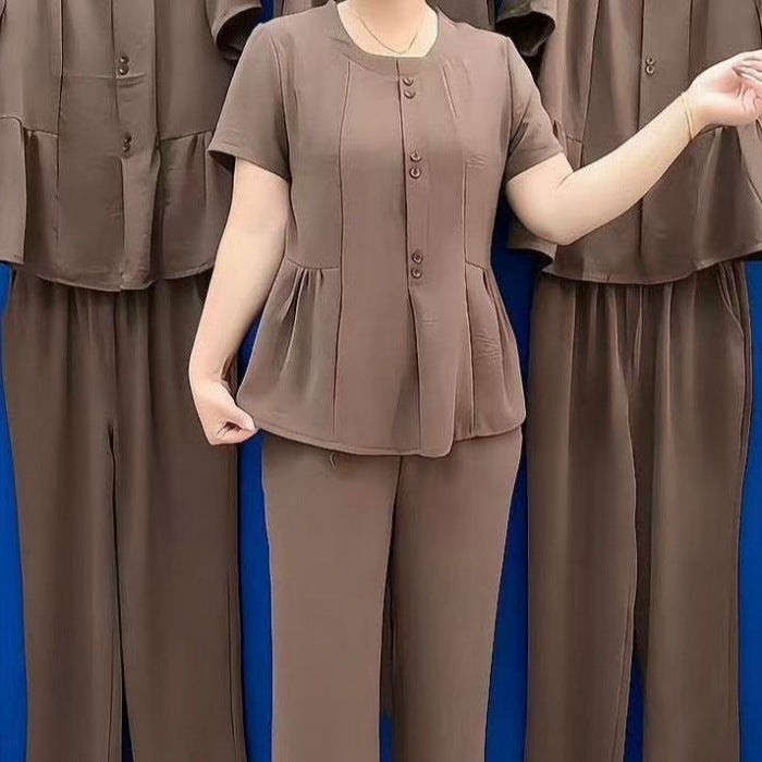 【Top + hlače】🔥🔥Dvodelni športni kombinezon, vitek temperament, plus size, 2025, poletni kombinezon za mamice, moden