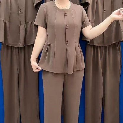 【Top + hlače】🔥🔥Dvodelni športni kombinezon, vitek temperament, plus size, 2025, poletni kombinezon za mamice, moden