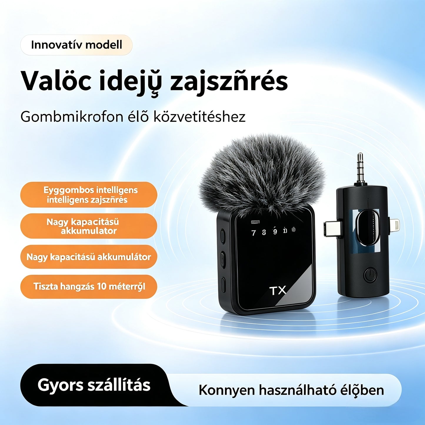 🎤📱Vezeték nélküli csíptethető mobiltelefon-mikrofon, videorögzítő berendezés élő közvetítéshez, műsorszóráshoz és TikTokhoz, zajszűrős kültéri használatra.