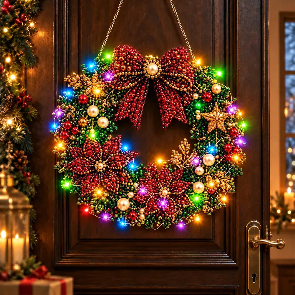 🎄💎 Vianočný veniec DIY s diamantmi, perlami a LED svetlami – 9 štýlov, akrylová doska, jednoduché tvorenie.