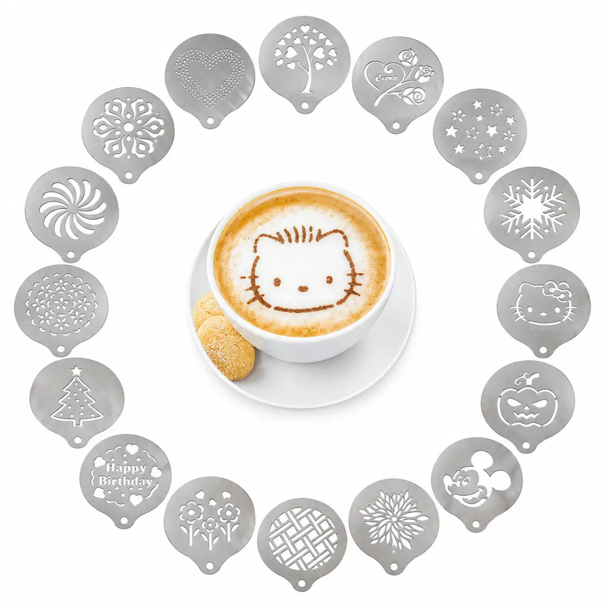 Rozsdamentes acél sablon kávé-latte art készítéséhez