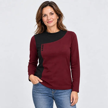 ✨【S-3XL / 6 farieb】Top s kombináciou farieb, stojačikom a ozdobnými gombíkmi (ľahký hrejivý flís)