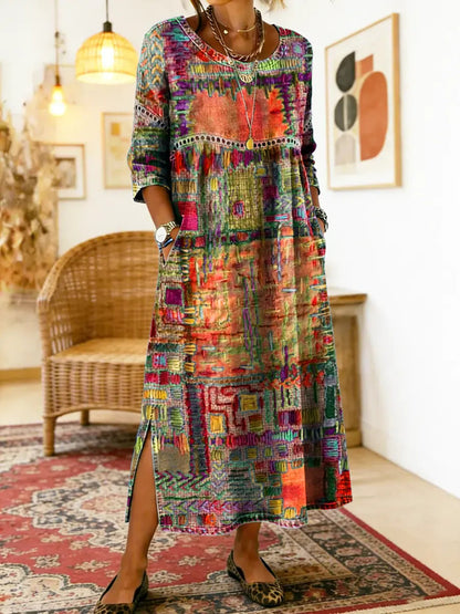 【S-5XL】Boemska maksi obleka z etničnim potiskom patchwork