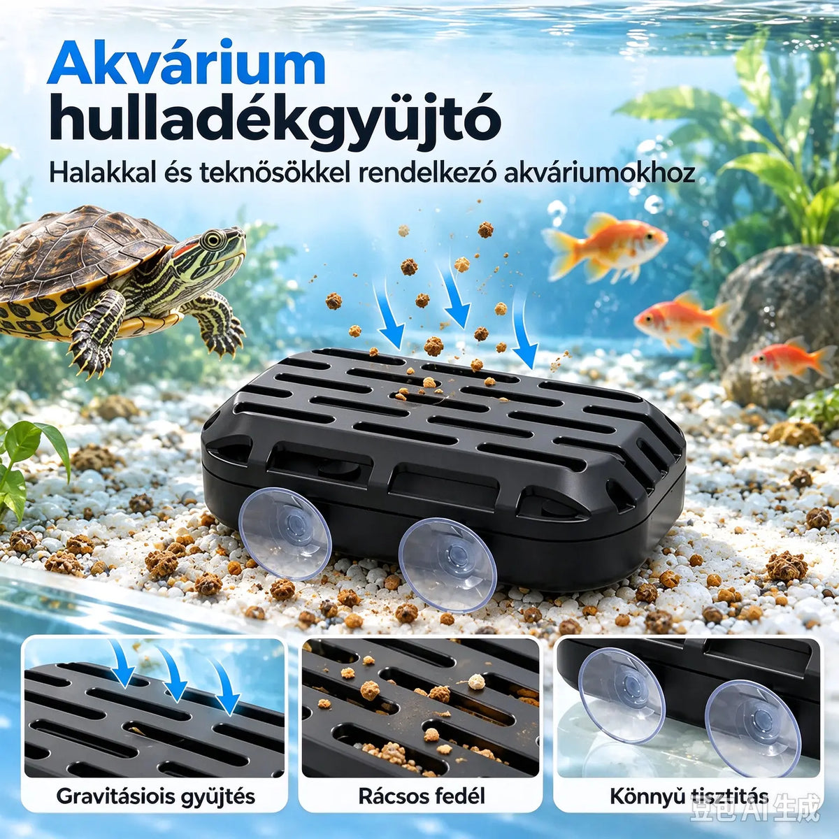 【3 tétel 8900Ft】🐢 Akváriumi és teknősürülék-gyűjtő · Gravitációs elvű gyűjtés · Dupla tapadókorongos rögzítés · Könnyen tisztítható!