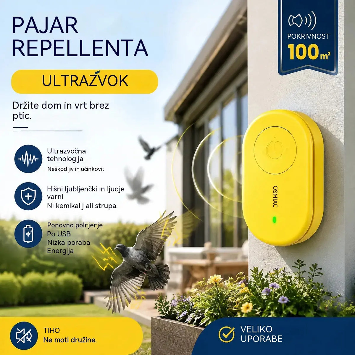🐦 Prenosni ultrazvočni odganjalec ptic | Samodejni odganjalec golobov, idealen za balkone, vrtove in zunanje površine