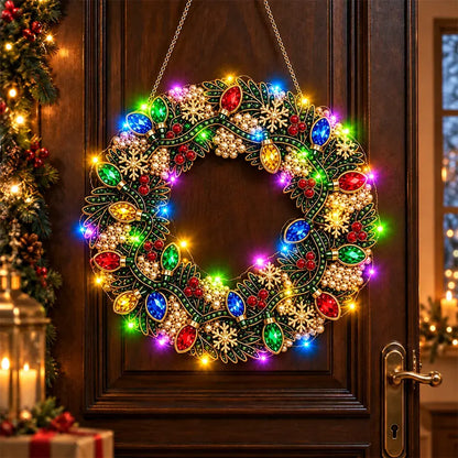 🎄💎 Vianočný veniec DIY s diamantmi, perlami a LED svetlami – 9 štýlov, akrylová doska, jednoduché tvorenie.