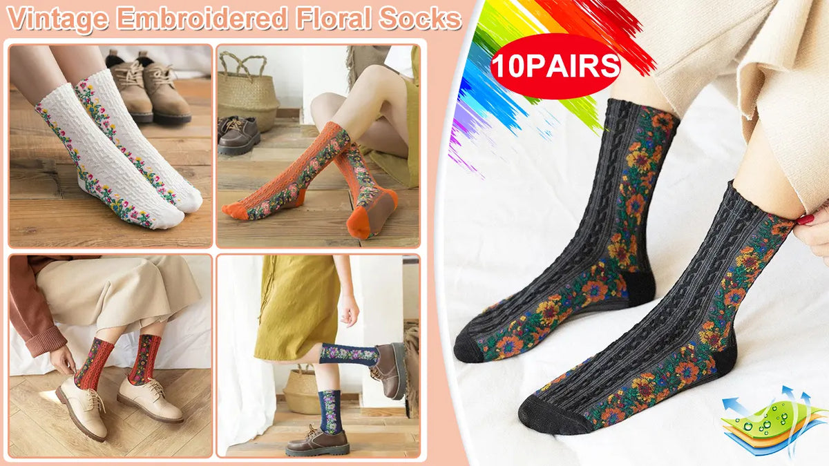 💐【5 párov】🧦Nové skrútené retro kvetinové bavlnené dlhé ponožky na jeseň a zimu