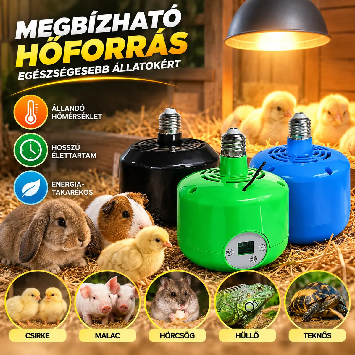 🌈 Intelligens, állandó hőmérsékletű fűtőlámpa tenyészállatok számára