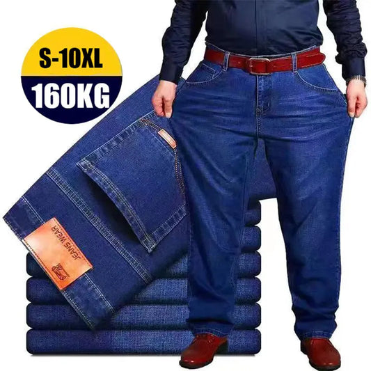 【S-10XL】Bő, egyenes, magas derékú, elasztikus derékú, plus méretű férfi farmernadrág
