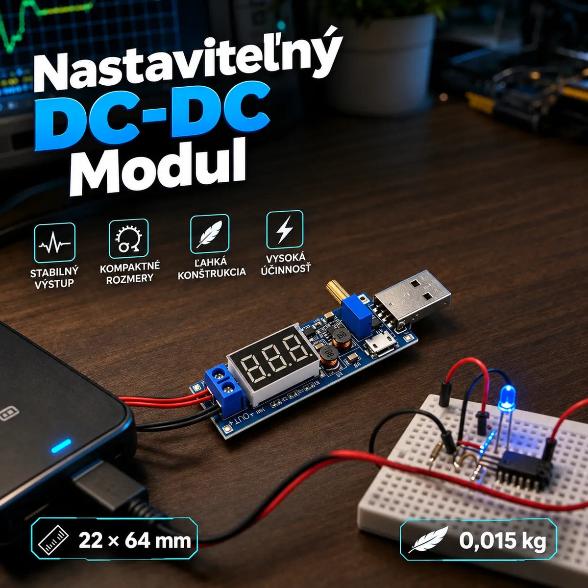 🔌【Rozhranie micro USB + rozhranie typu C】💻 Nastaviteľný modul napájania USB – 5V viacvýstupný regulátor napätia (3,3 – 24 V) | Stolný zdroj napájania pre všetky typy zariadení 🔋