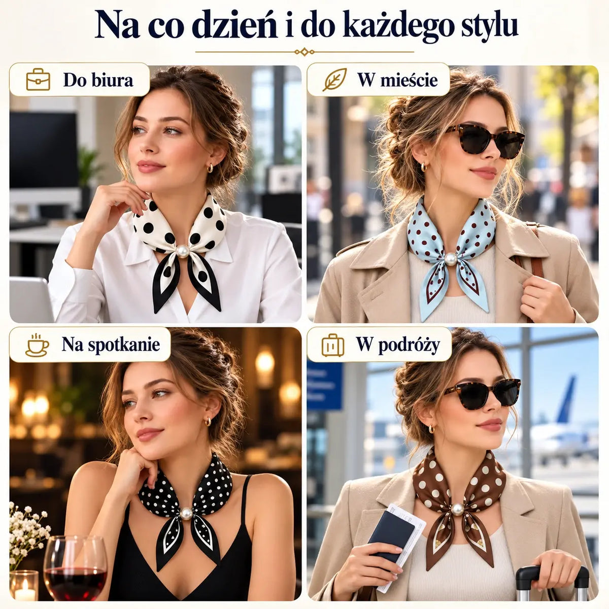 Zestaw 4 wąskich jedwabnych apaszek – elegancja i wyrafinowany styl na wiosnę i lato! Delikatny materiał, uniwersalne zastosowanie, idealne na szyję, do włosów lub jako ozdoba torebki!