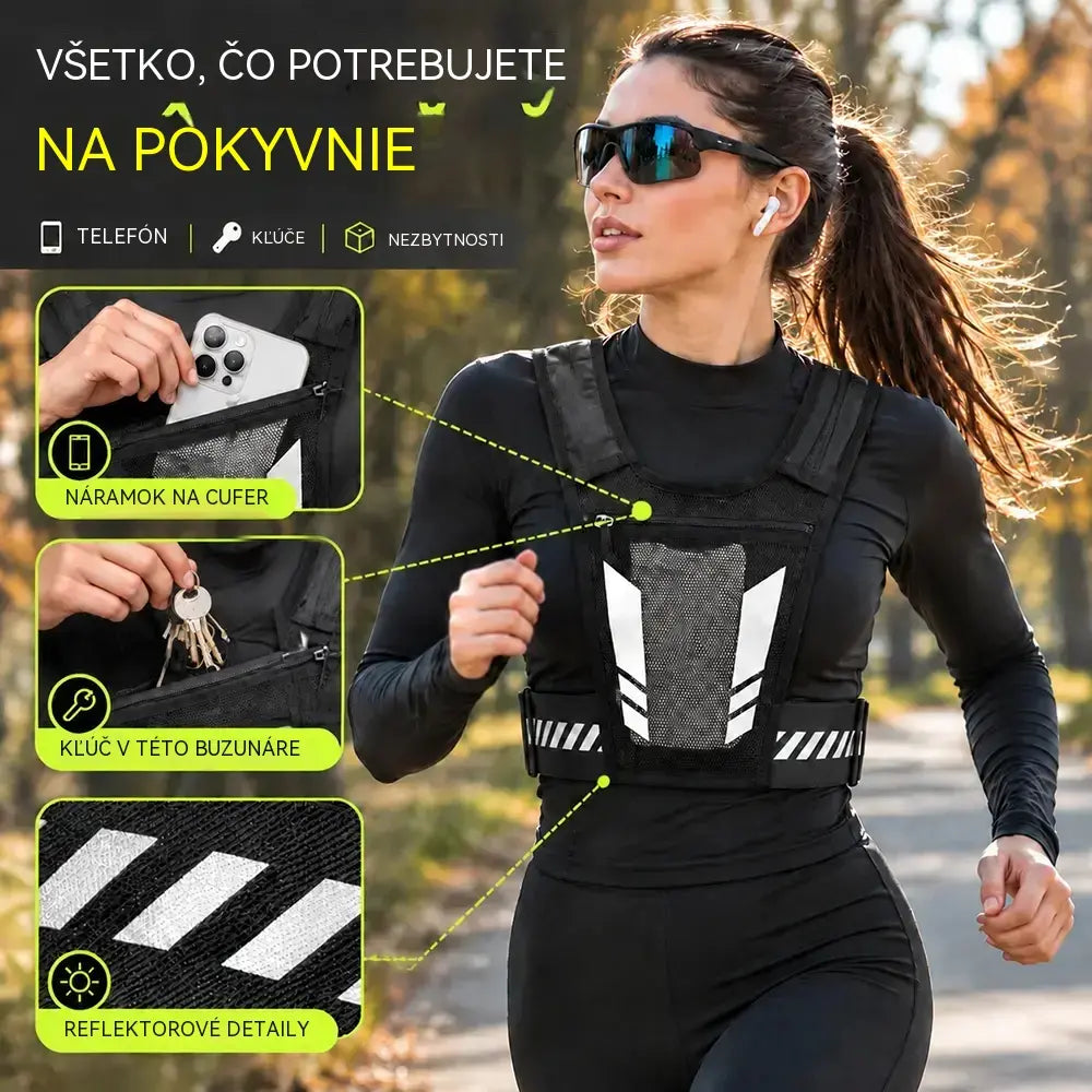 🏃 Futó- és sportmellény mellzsebbel, cipzáras telefontartó zsebbel és hátsó kulacstartóval – légáteresztő hálós anyagból!