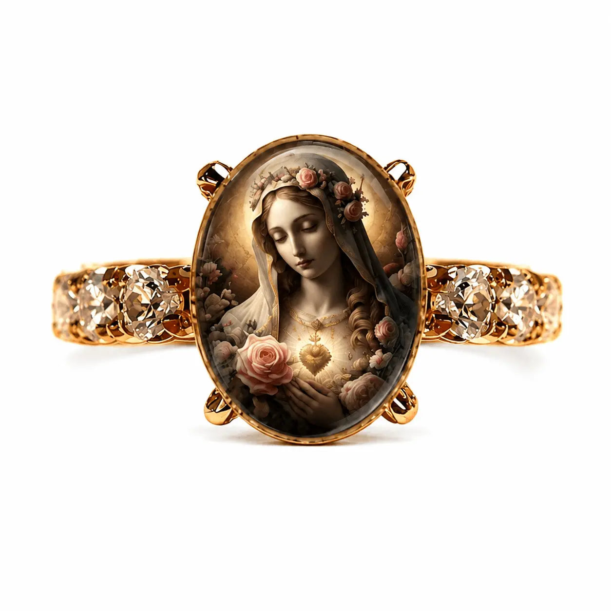 💍 【2 termék—8100 Ft】Aranyszínű, ovális kristályos Szűz Mária-gyűrű