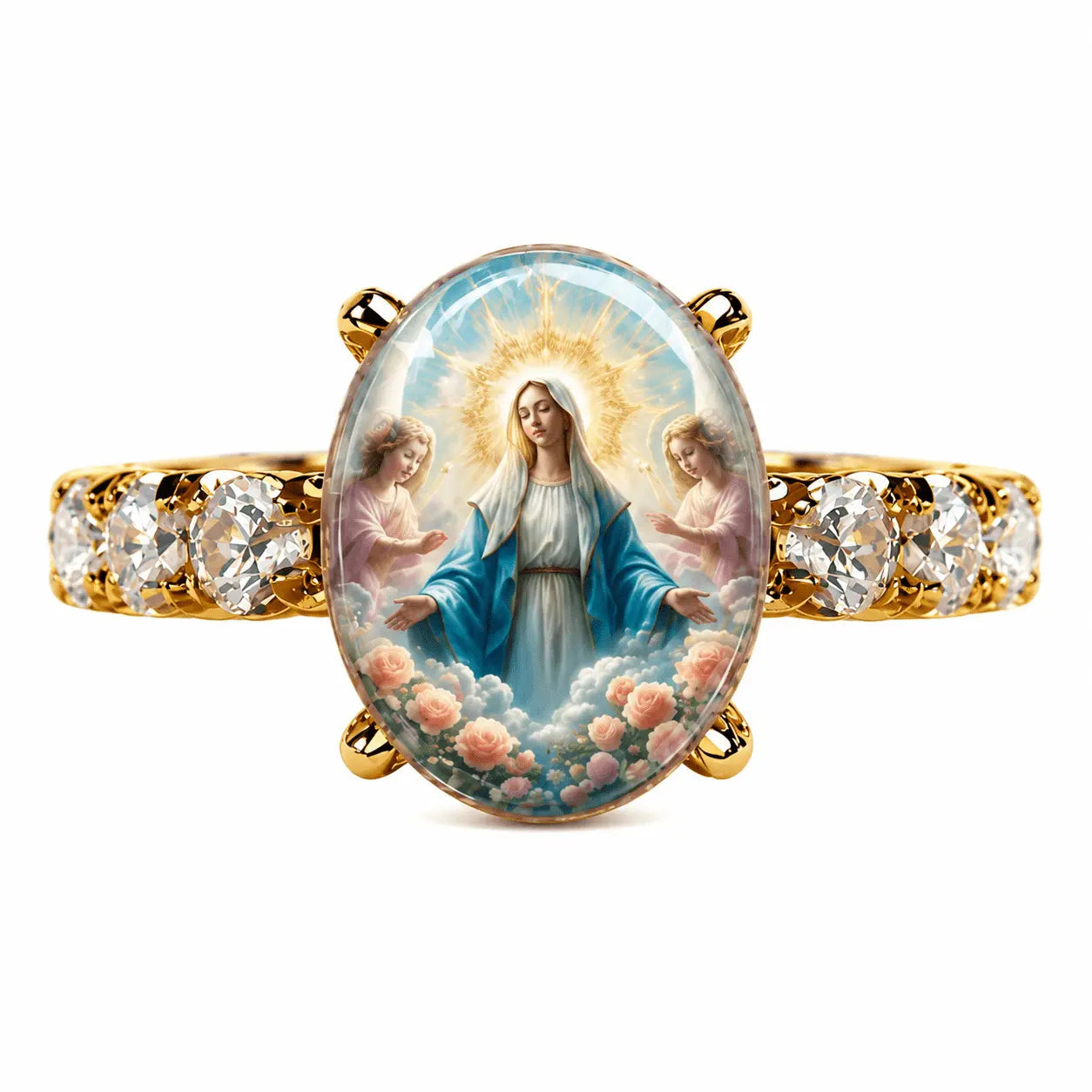 💍 【2 termék—8100 Ft】Aranyszínű, ovális kristályos Szűz Mária-gyűrű