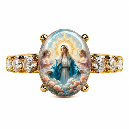 💍 【2 termék—8100 Ft】Aranyszínű, ovális kristályos Szűz Mária-gyűrű