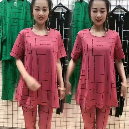 👗【30% отстъпка】【Топ + Панталон】🔥🔥Дамски комплект с къс ръкав, ново поступление 2026 г., ежедневен стил, подходящ за жени на средна и по-възрастни жени