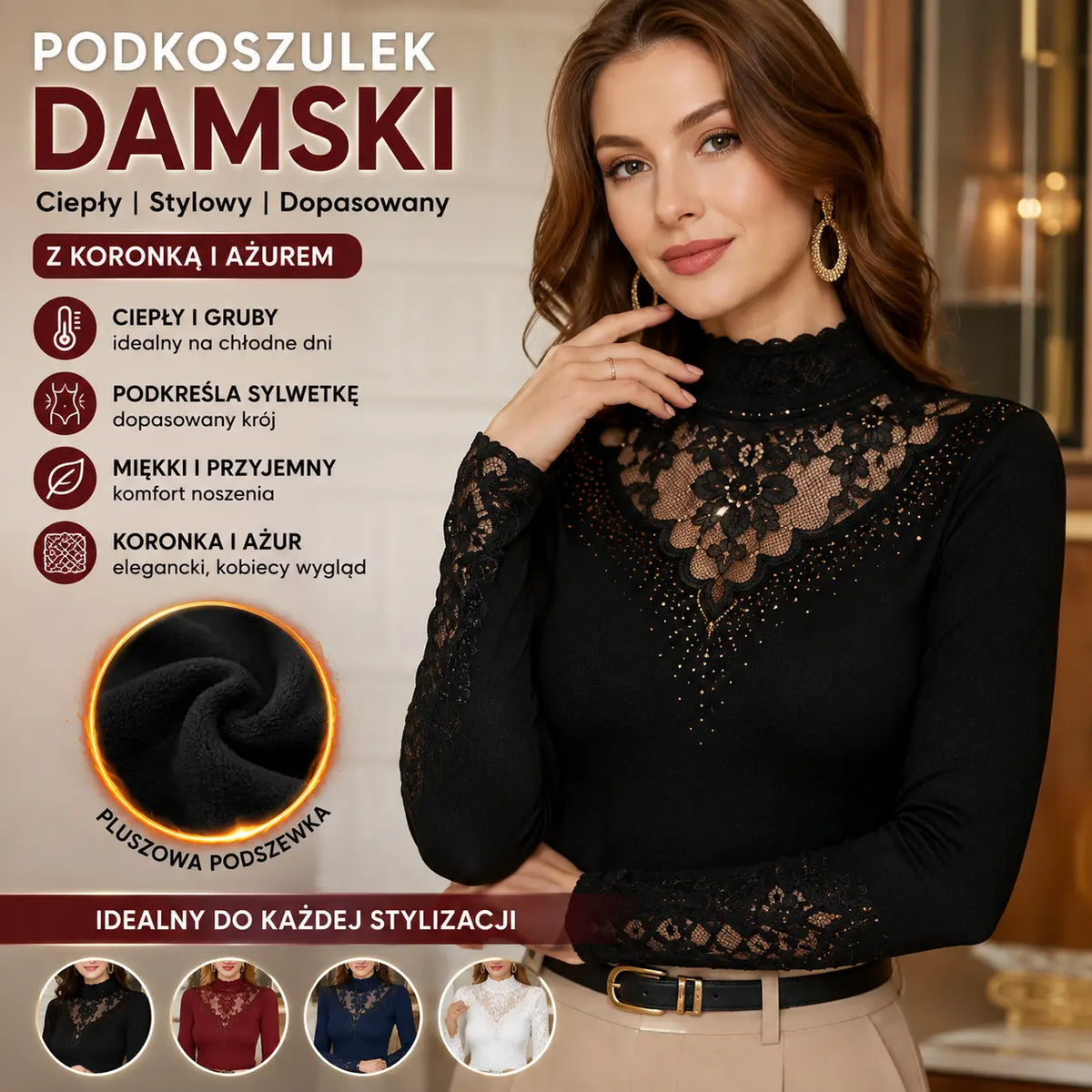 1 za 119 zł.[XL-6XL]❄️🔥Elegancka Bluzka z Ociepleniem i Koronką – Ciepło, Styl i Wyszczuplający Krój w Jednym! ✨