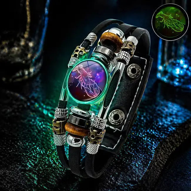 🌙 Világító Zodiákus Bőr Karkötő – 3 Rétegű Fonott, Állítható Hosszú, Uniszex 💫✨