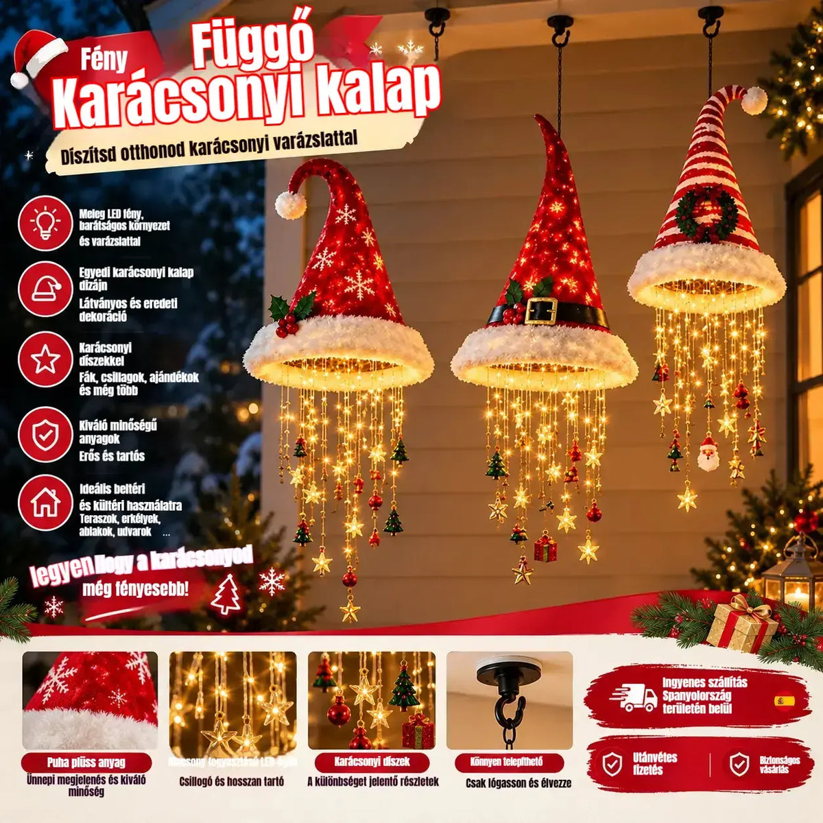 🎅 Hópelyhes és kristályos LED-fényű karácsonyi sapka – Varázslatos ragyogás a verandán ✨